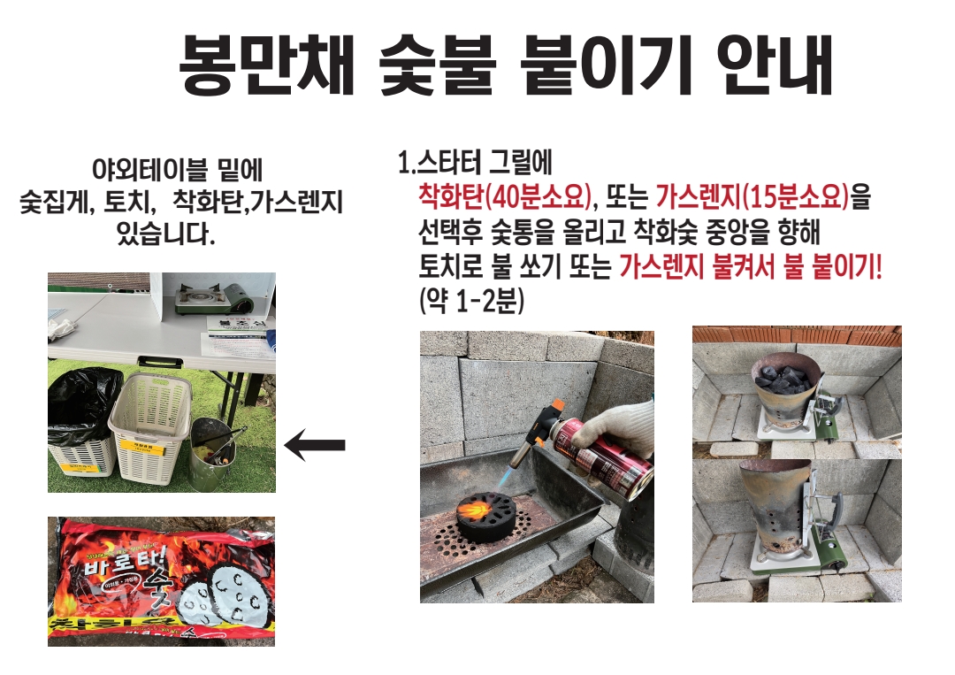 봉만채 숯불 붙이기 안내 1단계