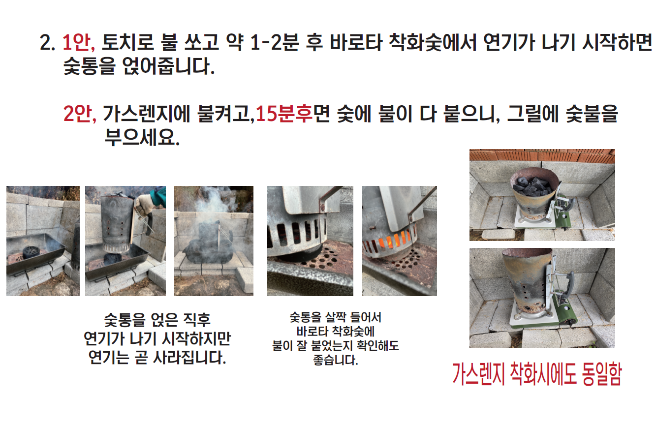 봉만채 숯불 붙이기 안내 2단계