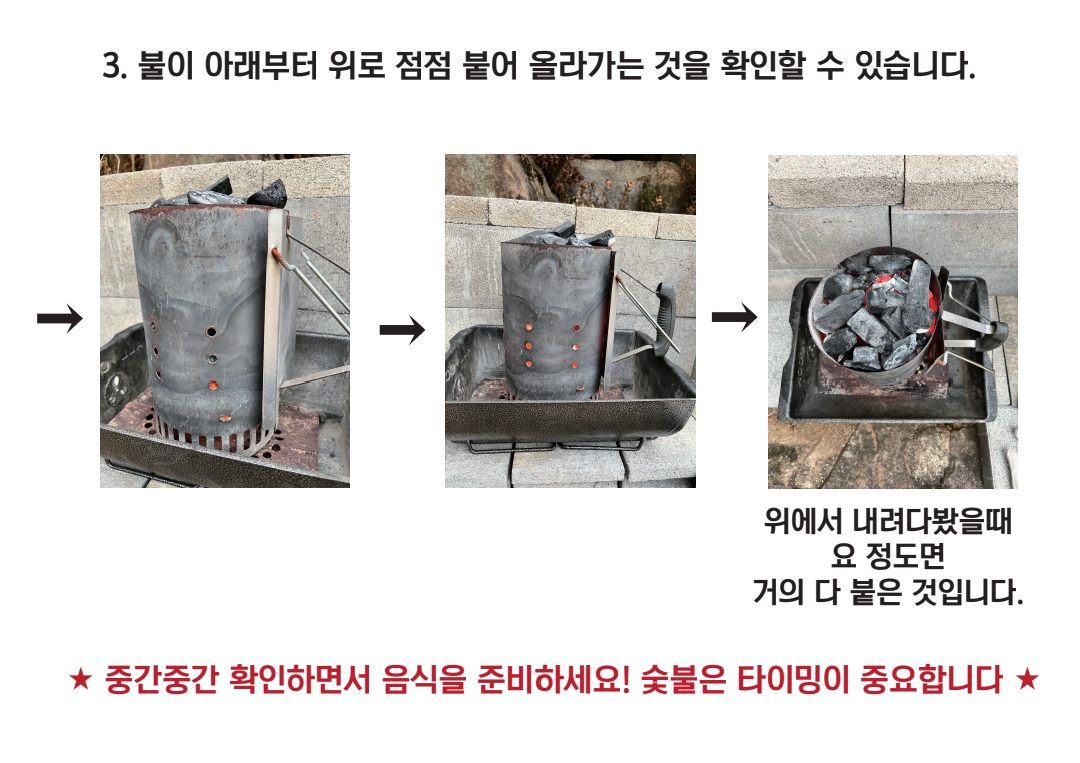 봉만채 숯불 붙이기 안내 3단계